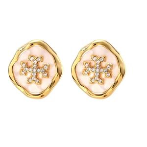 Tory Burch Irregular Round Gold Stud Earrings with Cream Enamel NEW